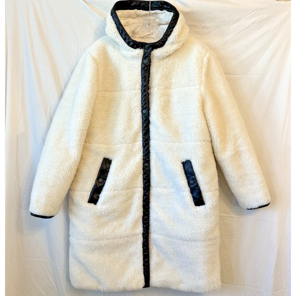 Levis Womens XL Longline Sherpa Teddy Hooded Coat Faux‎ Leather Trim Cream
